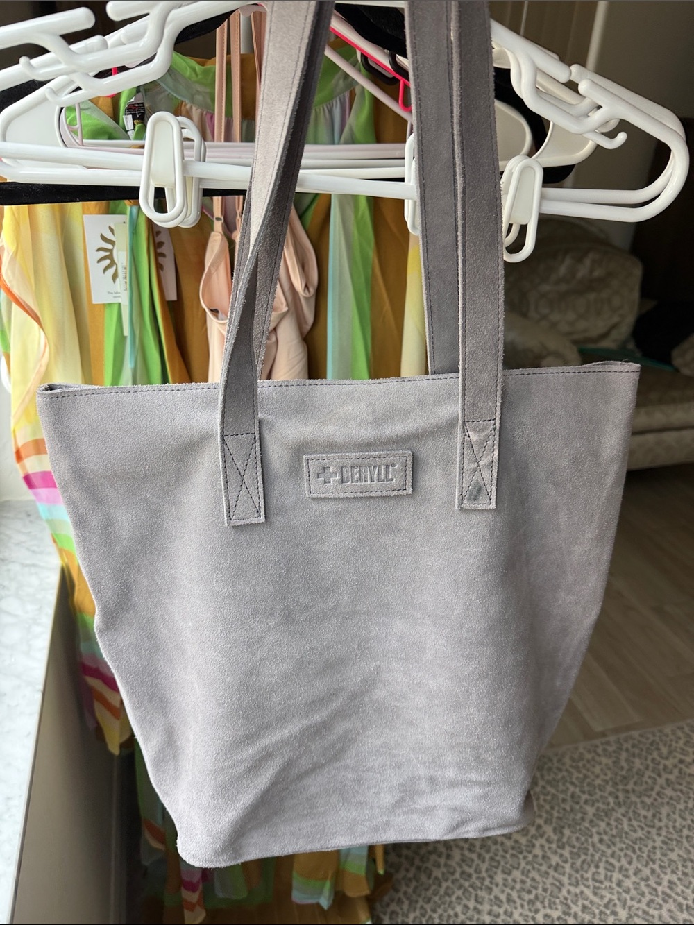Beryll Suede Leather Light Gray Tote with Shoulder Strap